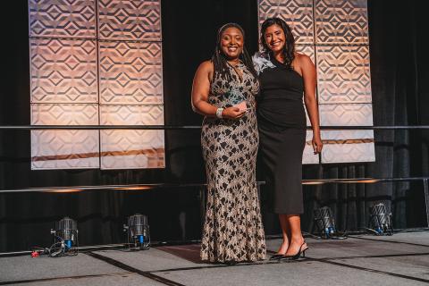 On behalf of MARC, Early Learning Director Toni Sturdivant (left), accepted the Robert Reeds Award. She is pictured with Crystal Martinez; anchor/reporter at Fox4KC and MC of the Blanco y Negro Gala.