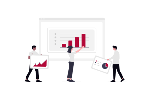 An illustration of people placing graphs and charts on the wall