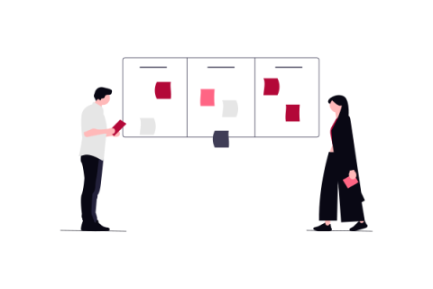 Illustration of people interacting with an idea board
