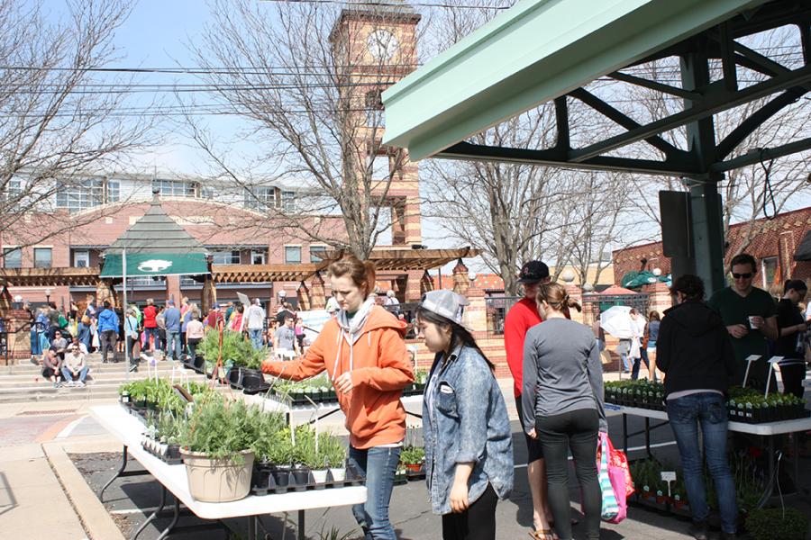 People buying items at downtown Overland Park farmers market