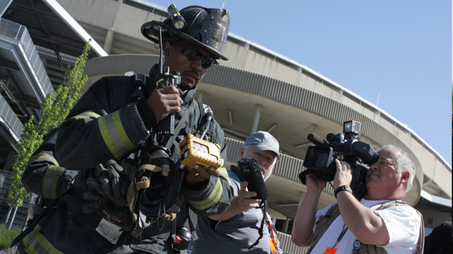 Firefighter outside Kauffman Stadium