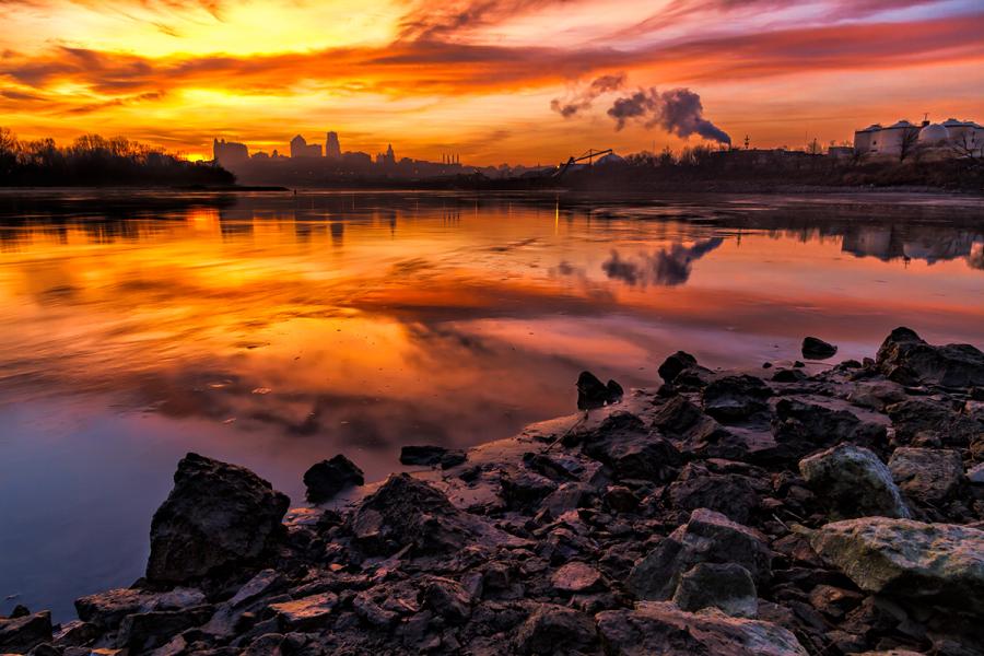 Downtown skyline in the distance at sunset