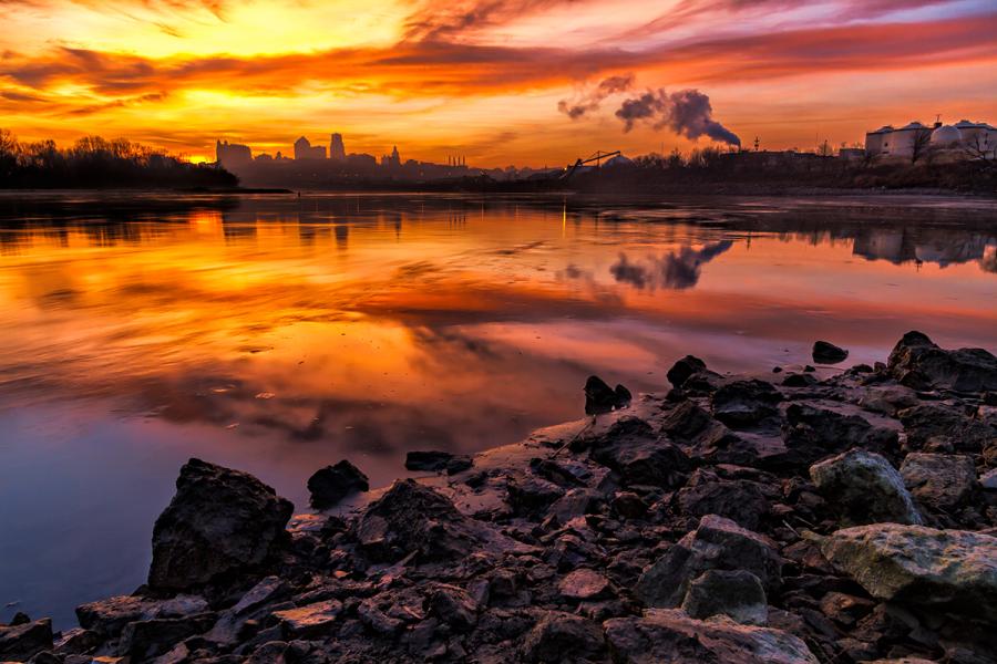 Downtown skyline in the distance at sunset