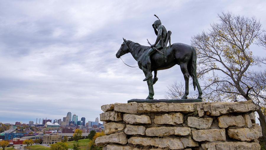 KC Scout statue overlooking downtown Kansas City during the late autumn