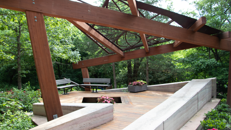 Outdoor space with plants and benches