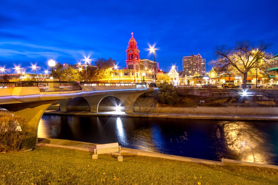 Kansas City Plaza shopping district with Brush Creek in the foreground