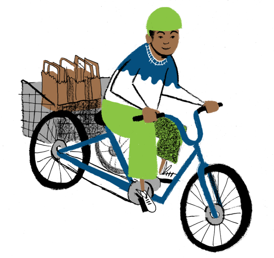 Illustration of a man riding a cargo tricycle