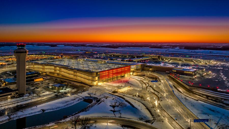 New Kansas City International Airport terminal at sunset