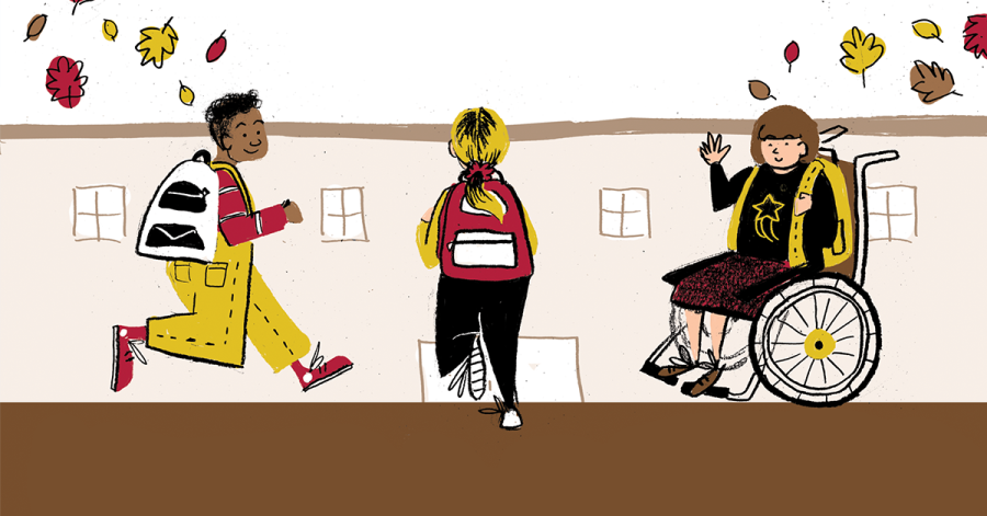 Illustration of kids walking and rolling to school