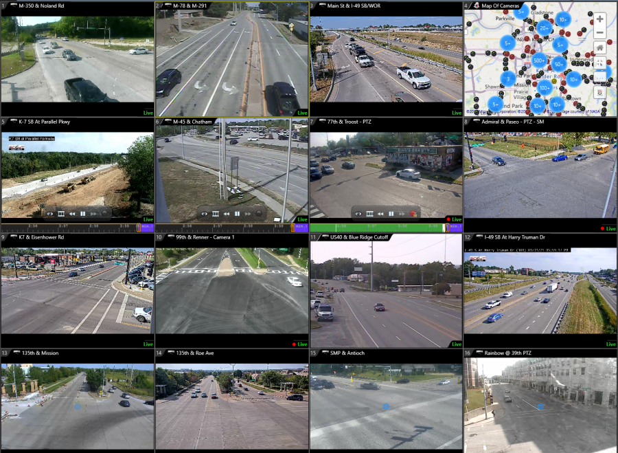 16 video screens with the traffic intersection feeds of roads around the region