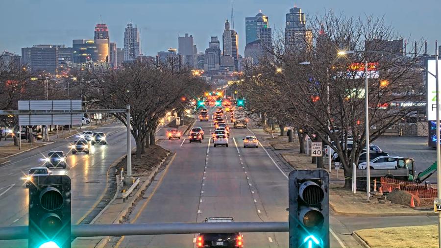 View of traffic light and downtown KC from Burlington 