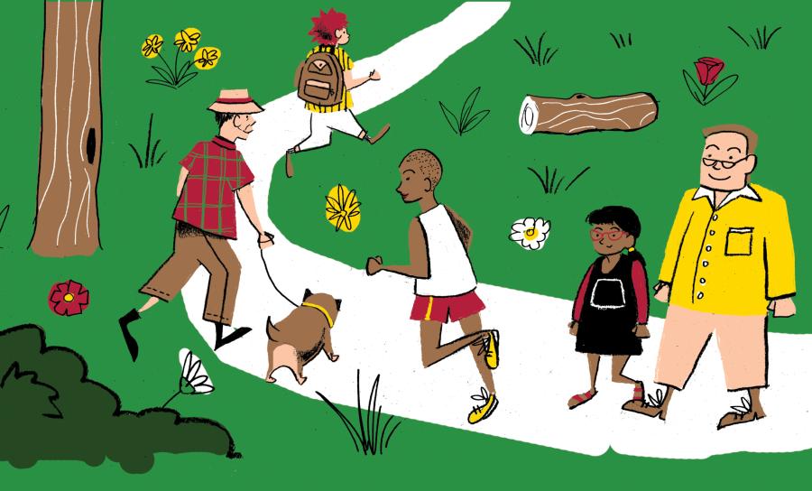 An illustration of people on a trail walking amongst nature