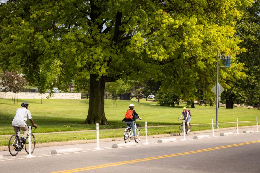 Trio of cyclists in the Gilham bike lane