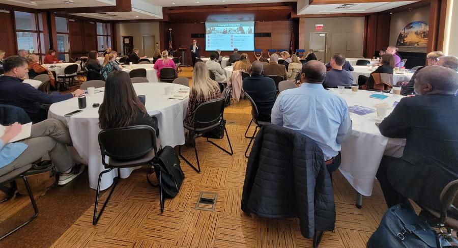 Attendees listen to the keynote speaker at the 2023 Greater Kansas City Workforce and Education Summit.