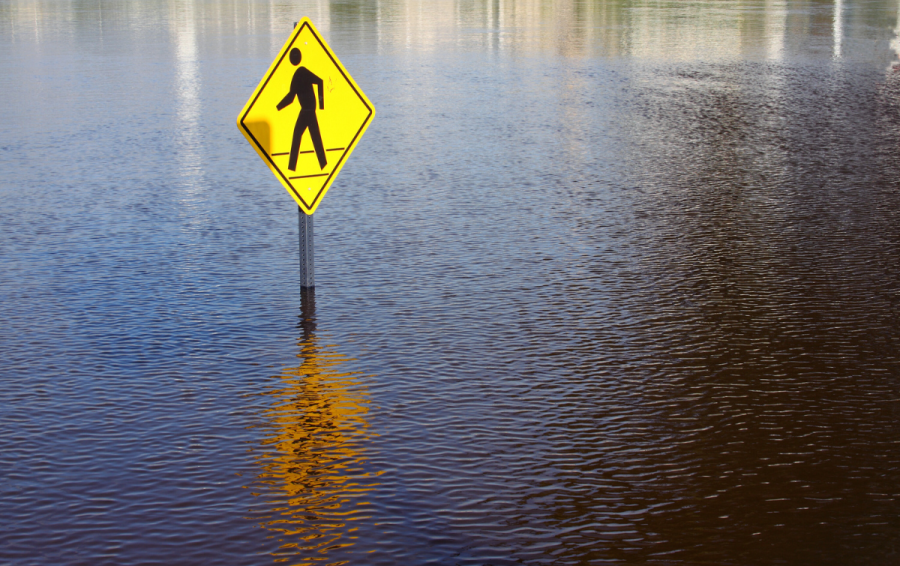 Flooded area with pedestrian crossing sign halfway submerged