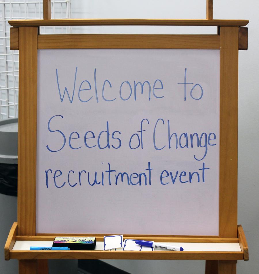 Welcome sign to Sees of Change recruitment event in Kansas City, Missouri.