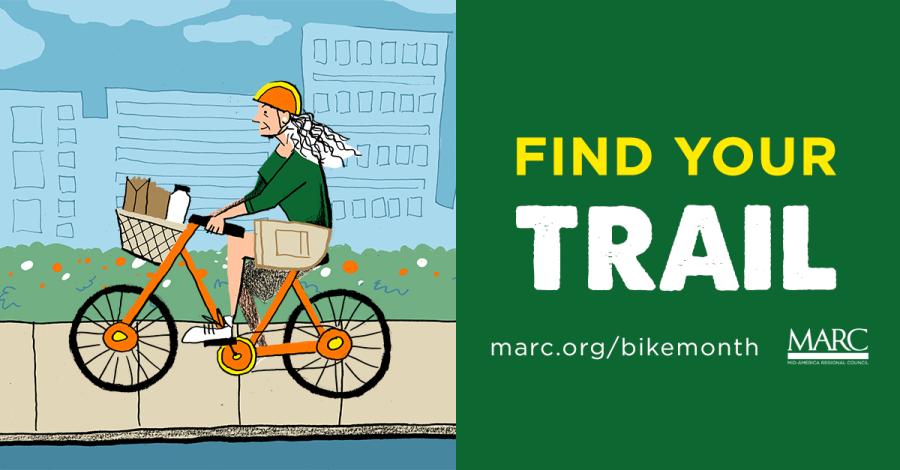 Illustration of a woman riding a bike in the city, with the words for this year's campaign: Find Your Trail.