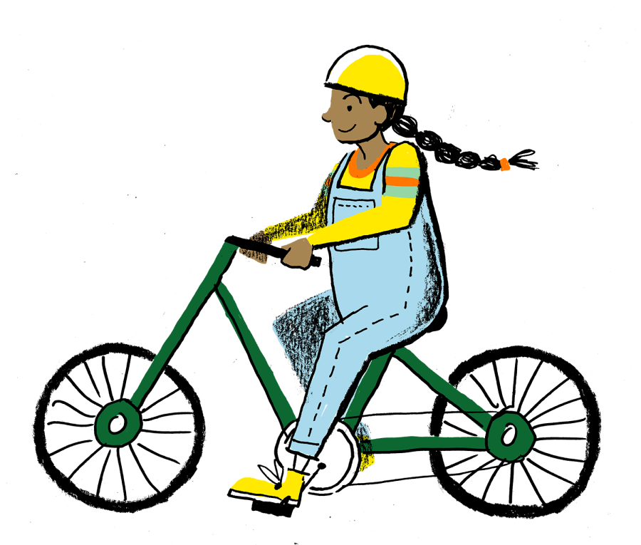 Illustration of an older girl riding a bicycle with a long braid and yellow helment