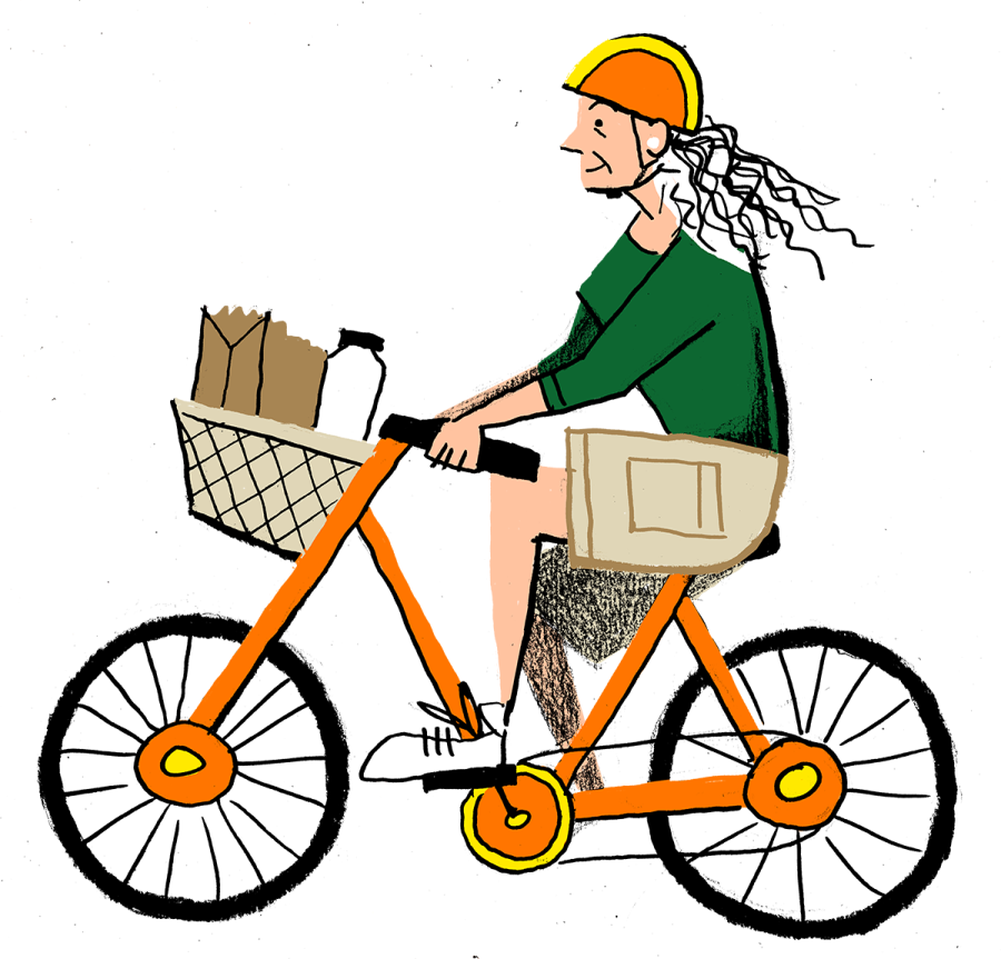 Illustration of an older woman riding a bike with groceries in the front basket