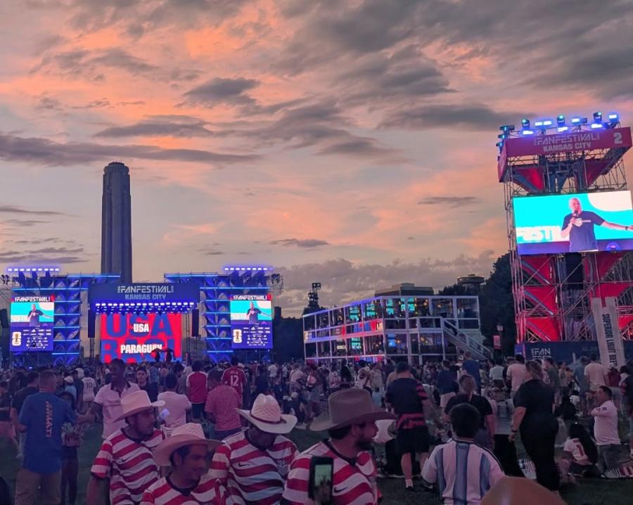 Liberty Memorial and FIFA Fan Fest during sunset