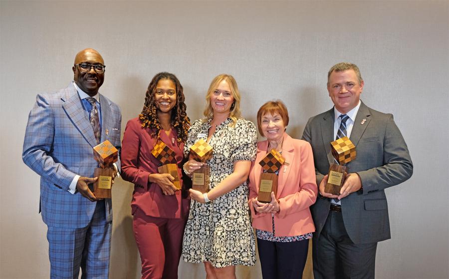 2026 Regional Leadership Award winners Bob Kendrick, Phyllis Hardwick, Lindsay Hicks, Marge Vogt and Tom Gerend posing while holding their awards