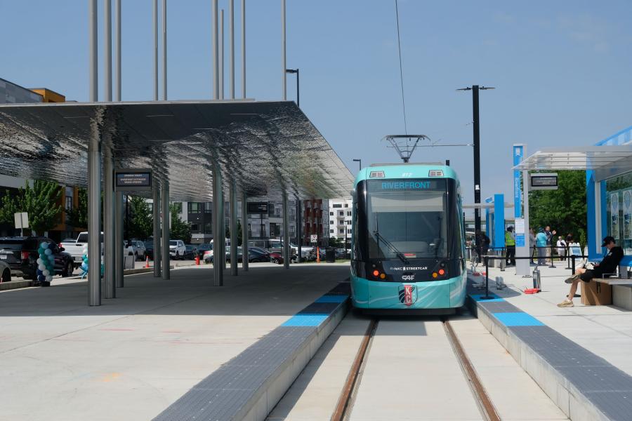 KC Streetcar at the Riverfront stop on a sunny day