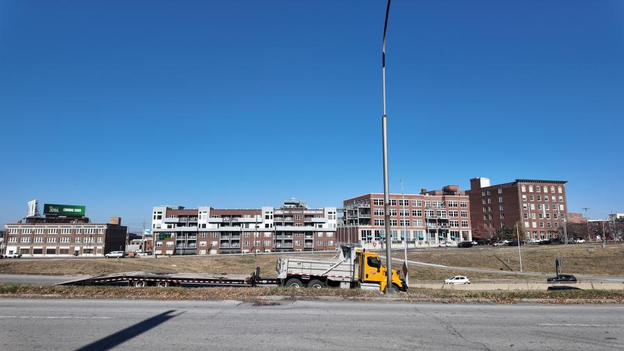 Truck on road with buildings in the background in Kansas City